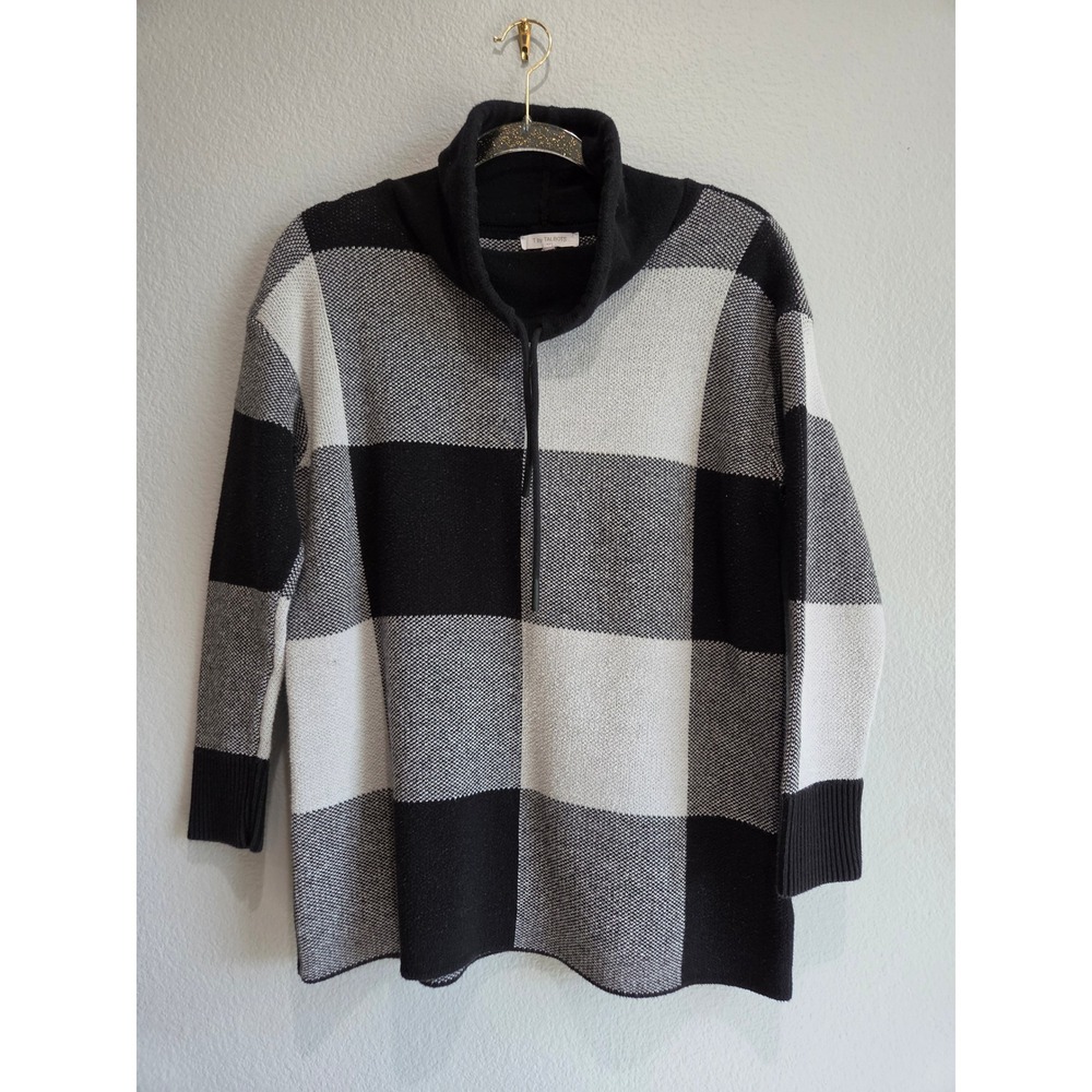 T by Talbots Sweater Womens MP Black White Buffalo Plaid Funnel Neck Excellent